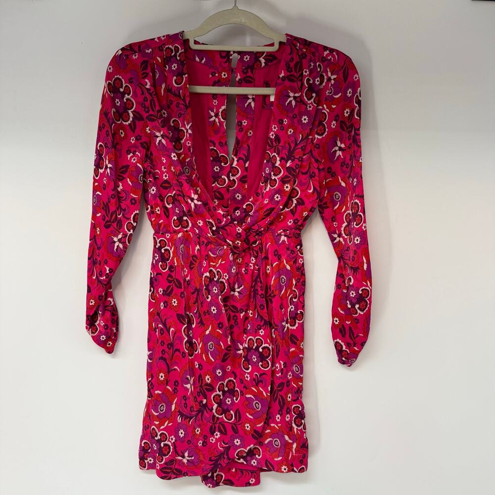 Maeve Anthropologie Wrap Mini Dress Women's Size XSP Red Floral Print Tulip Hem